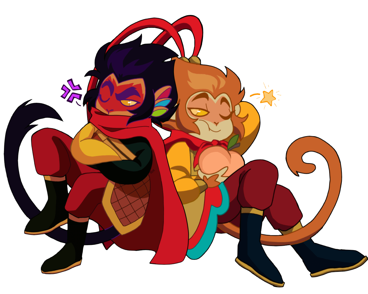Fanart of Sun Wukong and Macaque from LEGO Monkie Kid leaning into each other. Wukong is eating a peach and Macaque is grumpy.